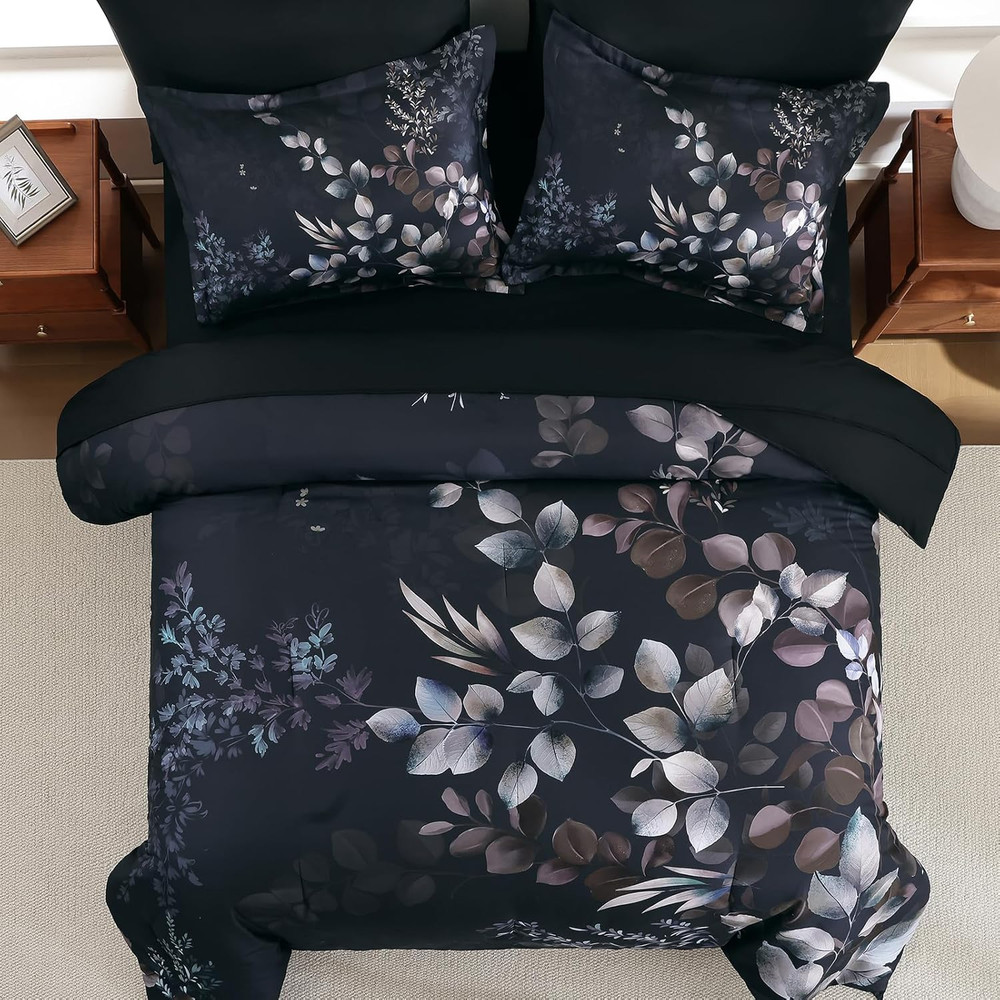 Black Floral Comforter Set Queen 7Pc Bed in a Bag Microfiber Bedding