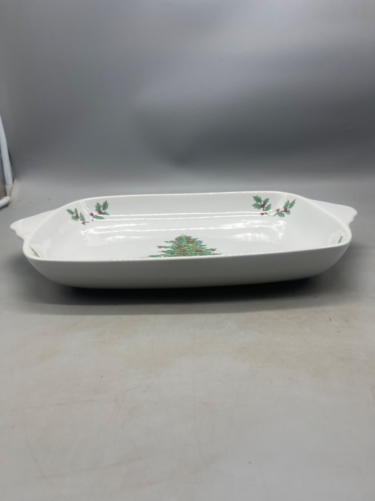 Tienshan Holiday Hostess 16 Inch 2 Quart Rectangular Baker Mint tray tree READ