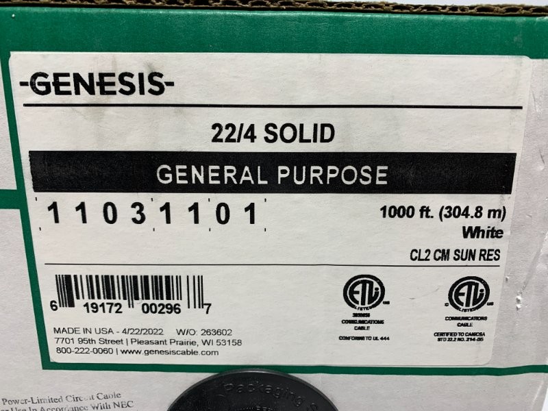Genesis 11031101 Cable 22/4 Solid 1000' White