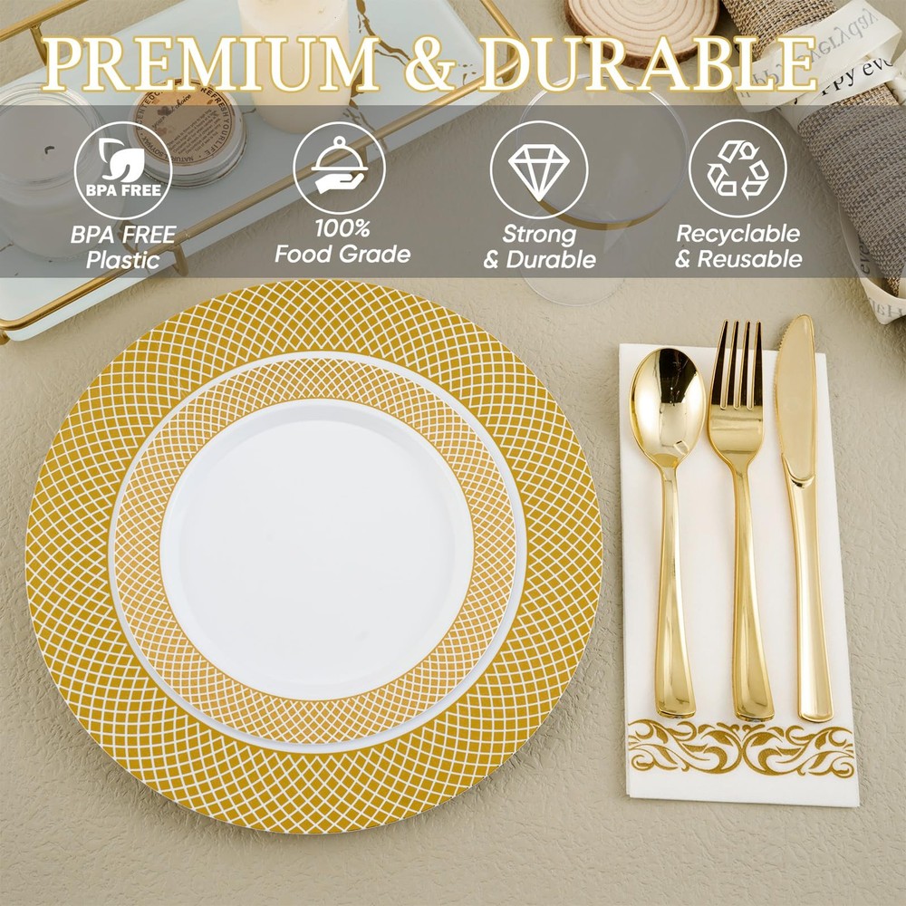 FOCUSLINE 10" Dinner Plates, 7" Dessert 175Pack Gold Dinnerware Set