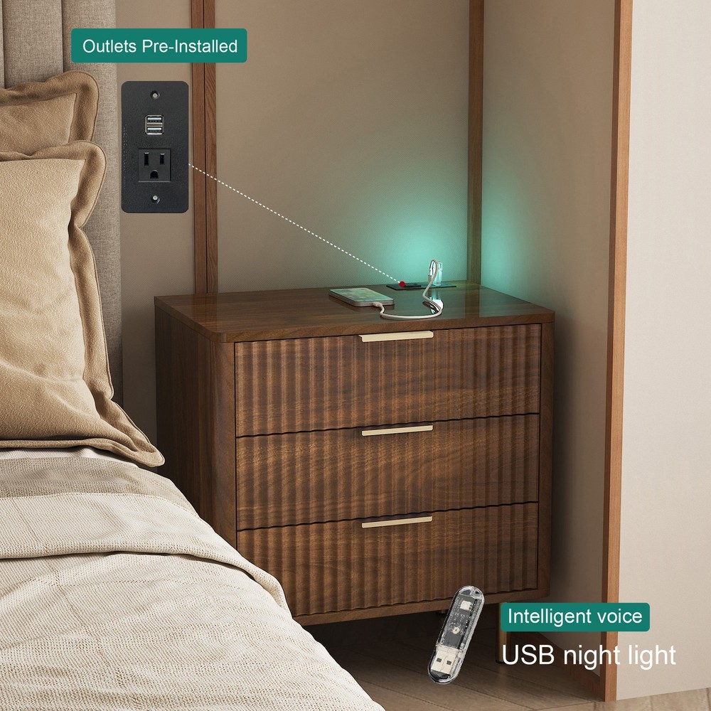 Modern Nightstand Bedside Table Side End Table w/Storage Cabinet & Night Light