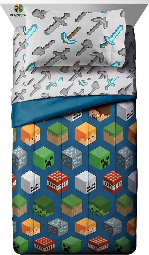 Minecraft Isometric 4 Piece Twin Bed Set - Includes Comforter & Sheet Set - Bedd