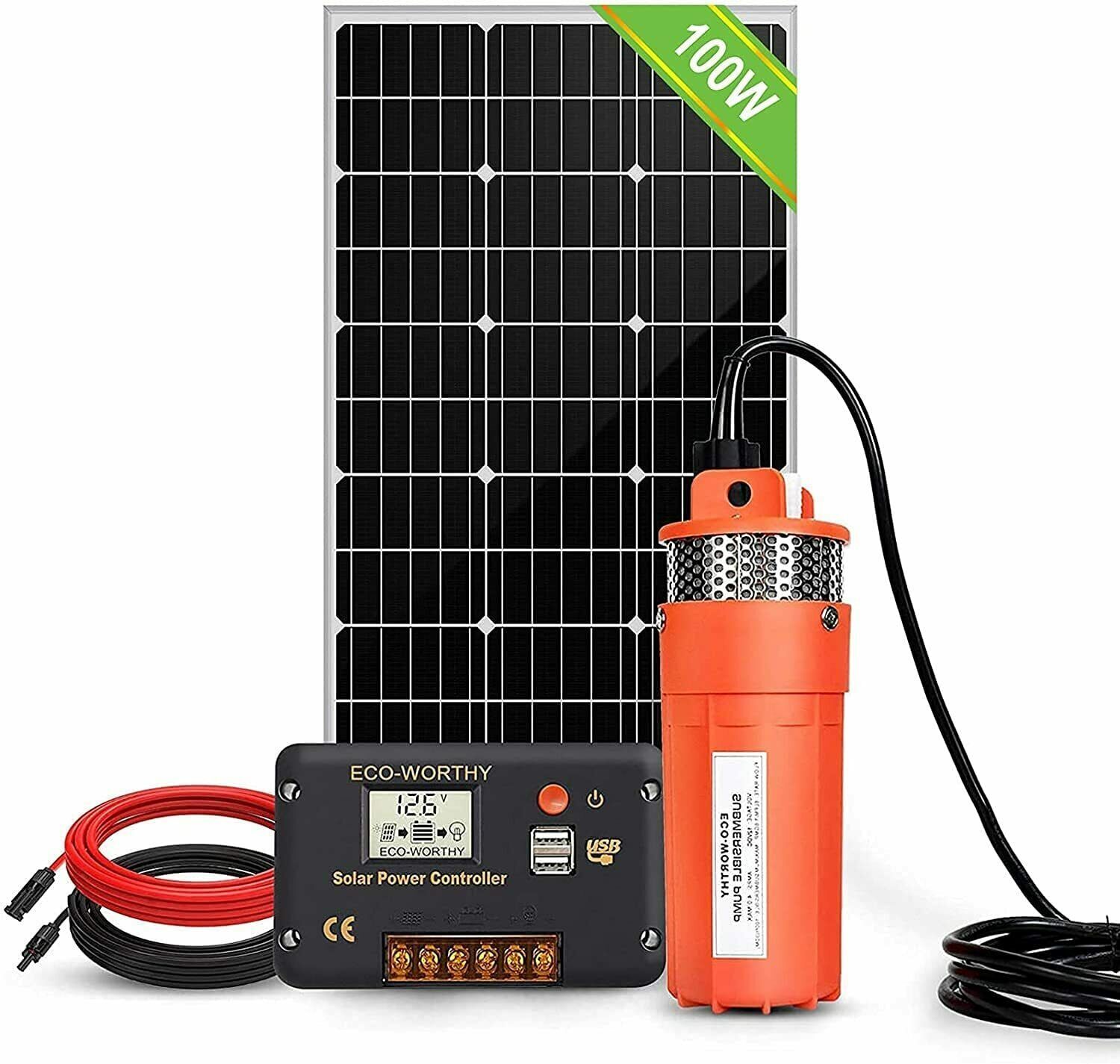 Solar Water Pump Kit 12V DC Submersible Well Water Pump &100W Solar Panel Farm