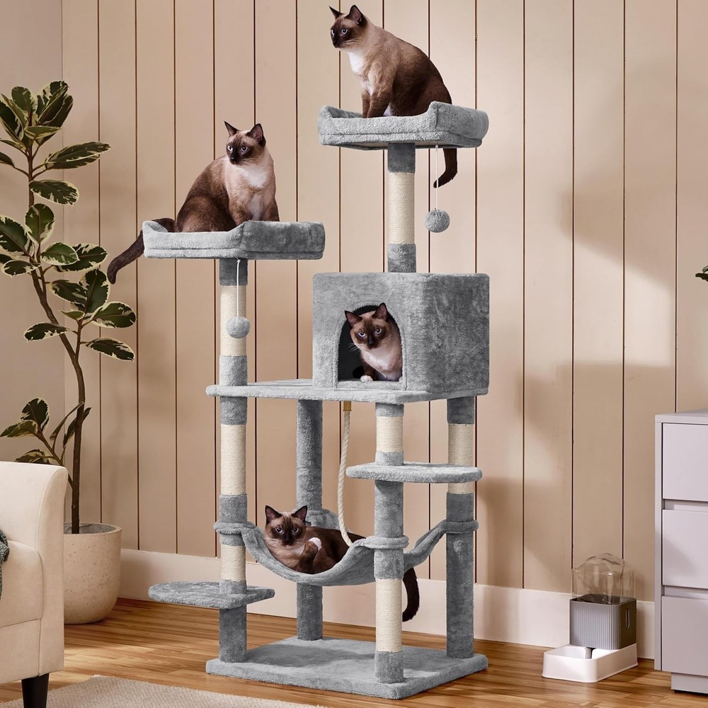 59in Cat Tree Multiple Cats Multi-Level Activity Tower w/Hammock Condo Perches