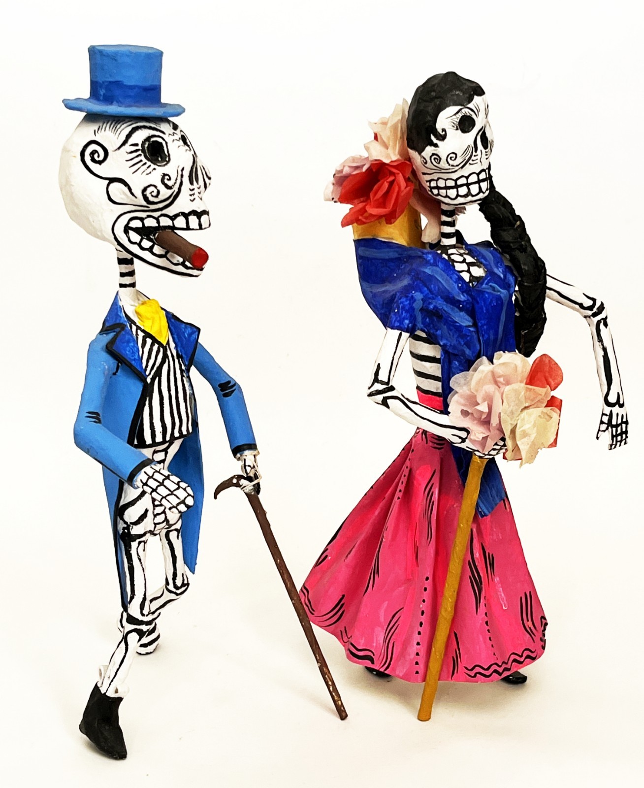 2 1970s SIGNED LINARES MEXICAN CARTONERIA PAPER MACHE SKELETON CATRINA SCULPTURE