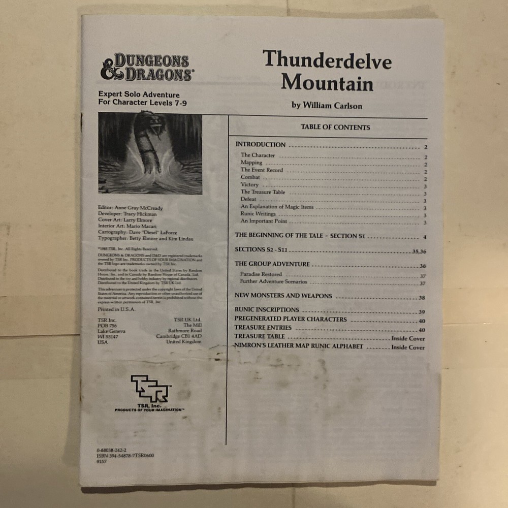 XS2 THUNDERDELVE MOUNTAIN DUNGEONS & DRAGONS TSR 9157 MODULE