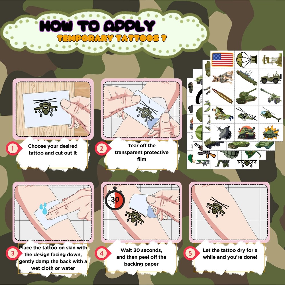 Army Temporary Tattoos - Birthday Decorations Medium,