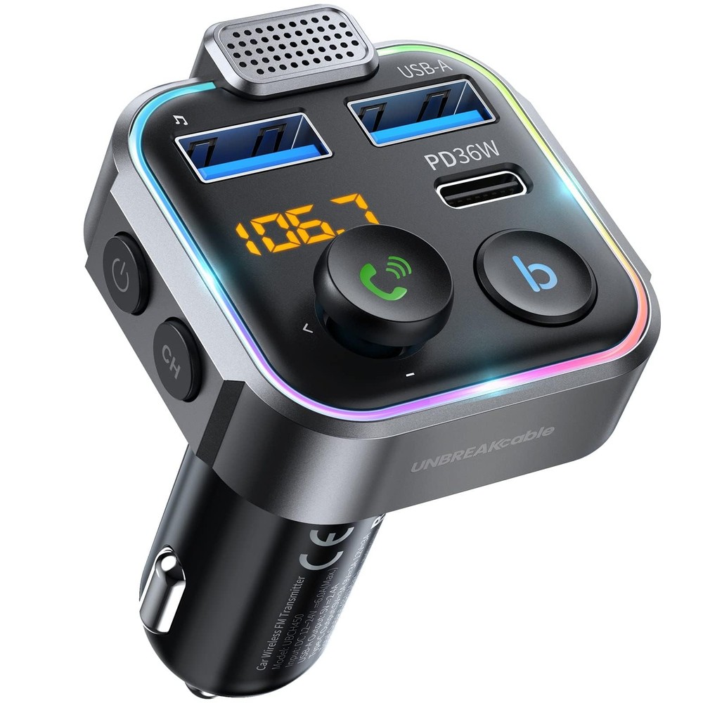 UNBREAKcable Bluetooth FM Transmitter for Car, PD 38W Fast Charging, Wireless...