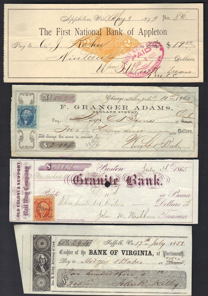 US 1860-80's COLL OF NINE DIFF BANK CHECKS GRANITE BANK BOSTON BANK OF VIRGINIA