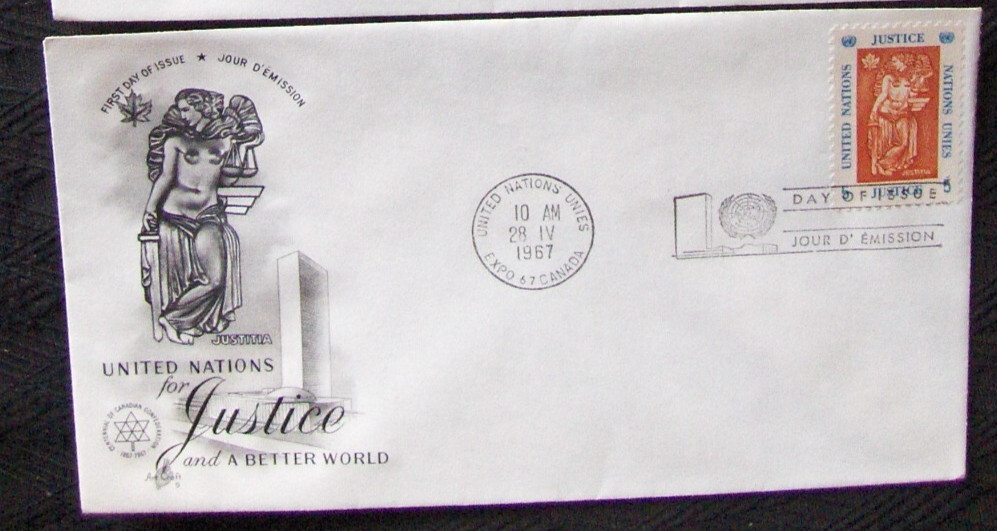 UN FDC  cover JUSTICE & BETTER WORLD, Expo 1967 Canada Art Craft.