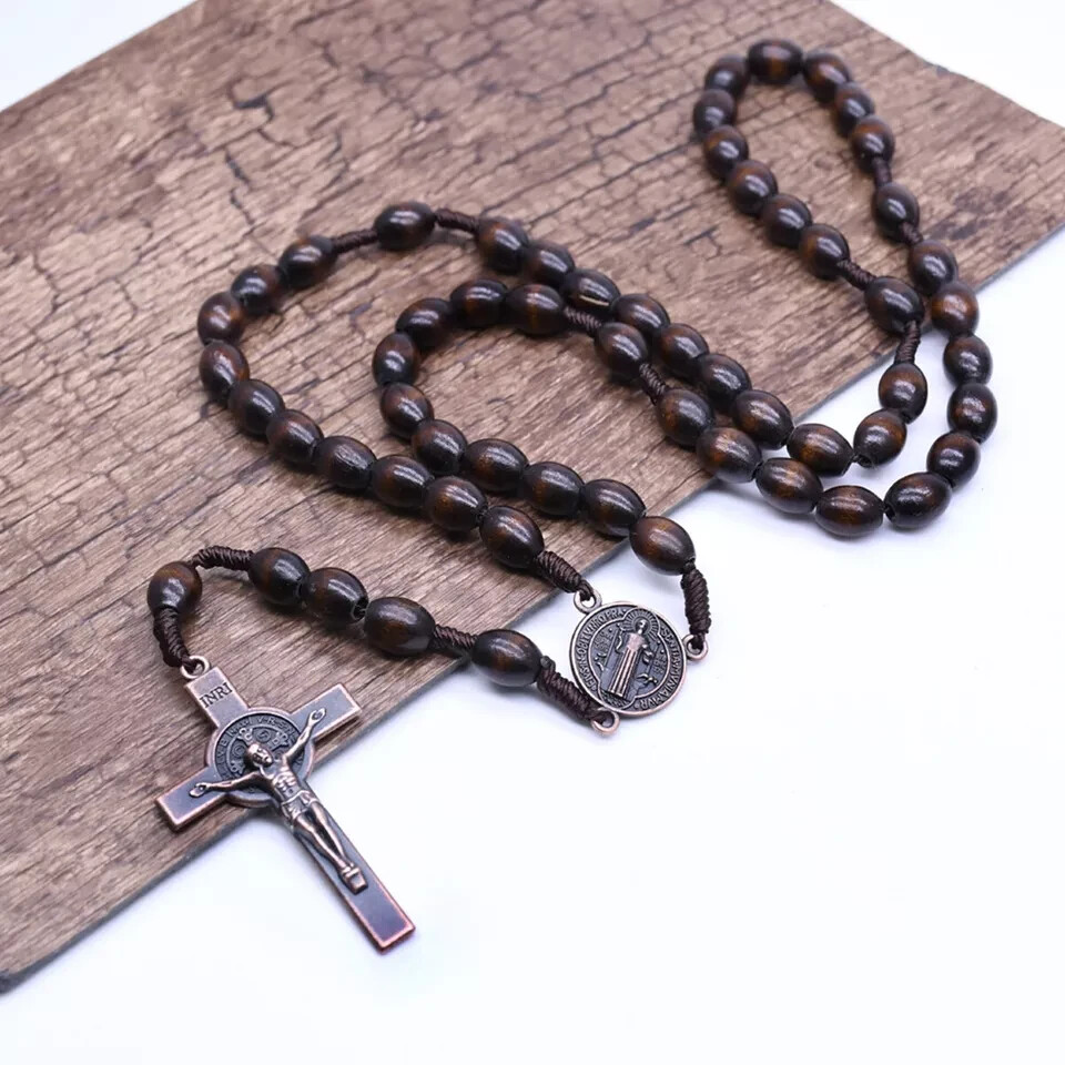 Deep Brown Saint St Benedict Wood Beads Rosary Prayer Crucifix Cross Jerusalem
