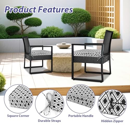 Outdoor Chair Cushions Set of 4,Waterproof 19x19x3-Square Black Geometry