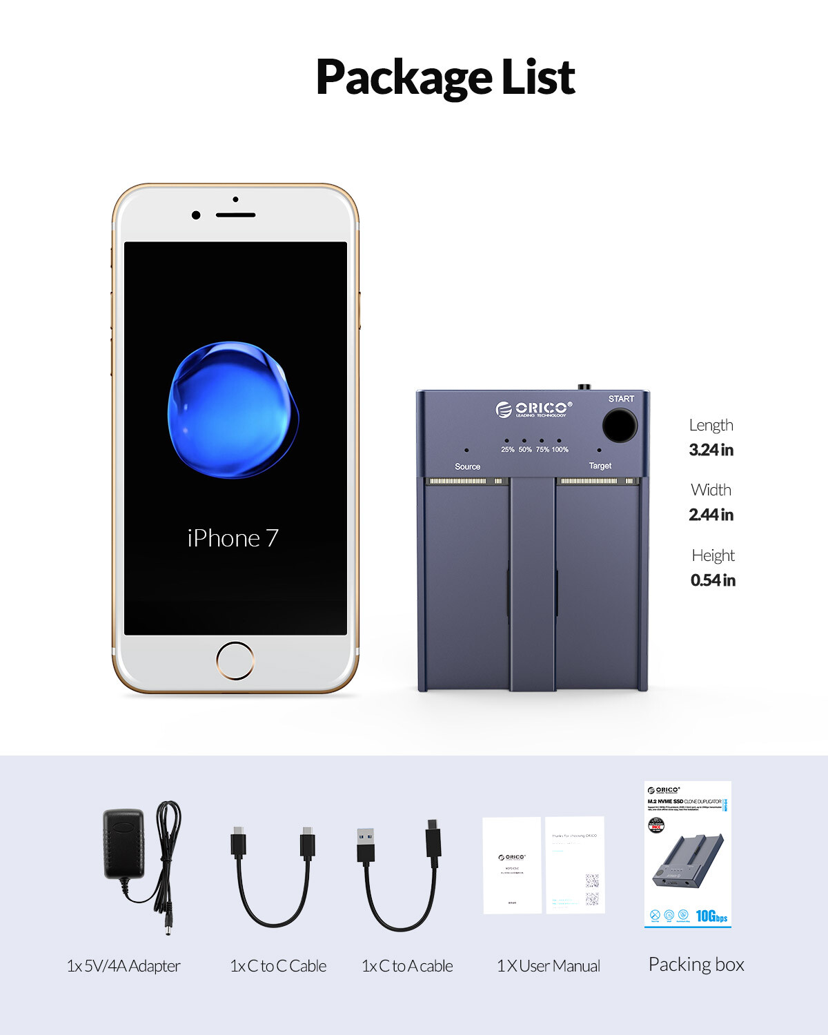 ORICO Dual Bay M.2 SSD NVMe M.2 Enclosure Offline Clone Duplicator 10Gbps M Key