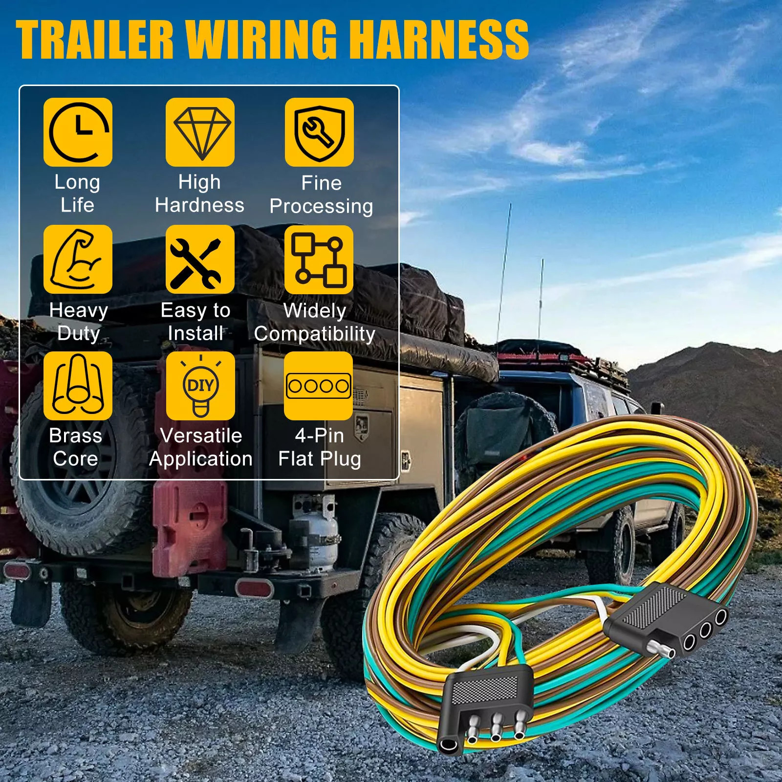 25' 4 Pin Flat Trailer Wiring Harness Kit Wishbone Style for Trailer Tail Lights