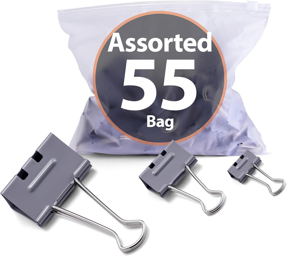 EZ Binder Clips, Assorted Sizes, Pack of 55, Gray (99260)