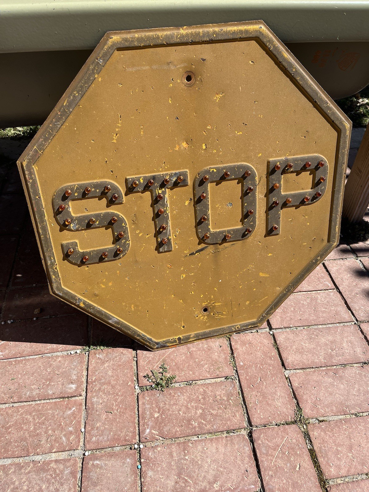 Vintage Early Yellow Stop Sign Embossed Steel Heavy 24" × 24" Cat Eyes