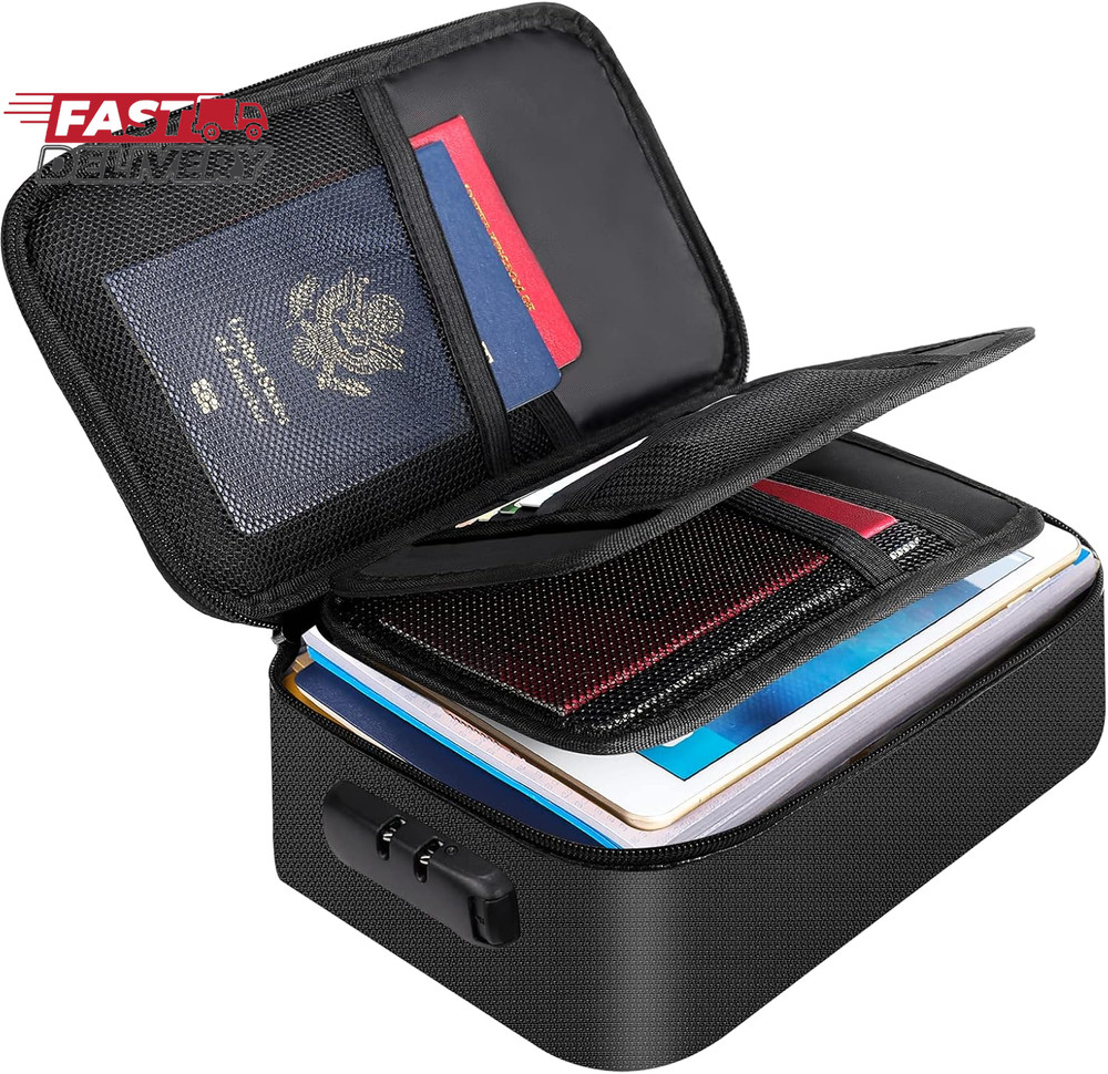 ENGPOW Small Fireproof Storage Organizer Case with Lock(9”X 5.3”X 3.7”), 3-Layer