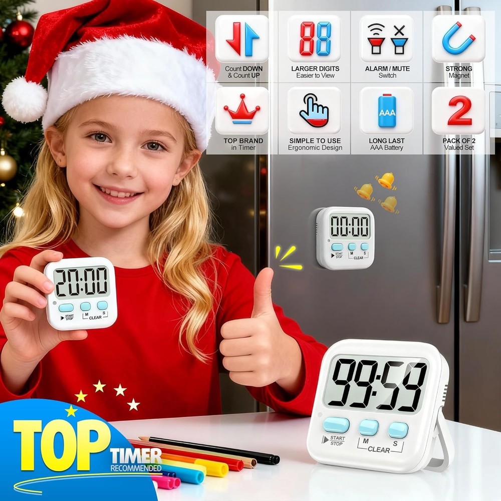2 Pack Digital Timer for Kids, Magnetic Countdown Kitchen Timers for Cooking,...