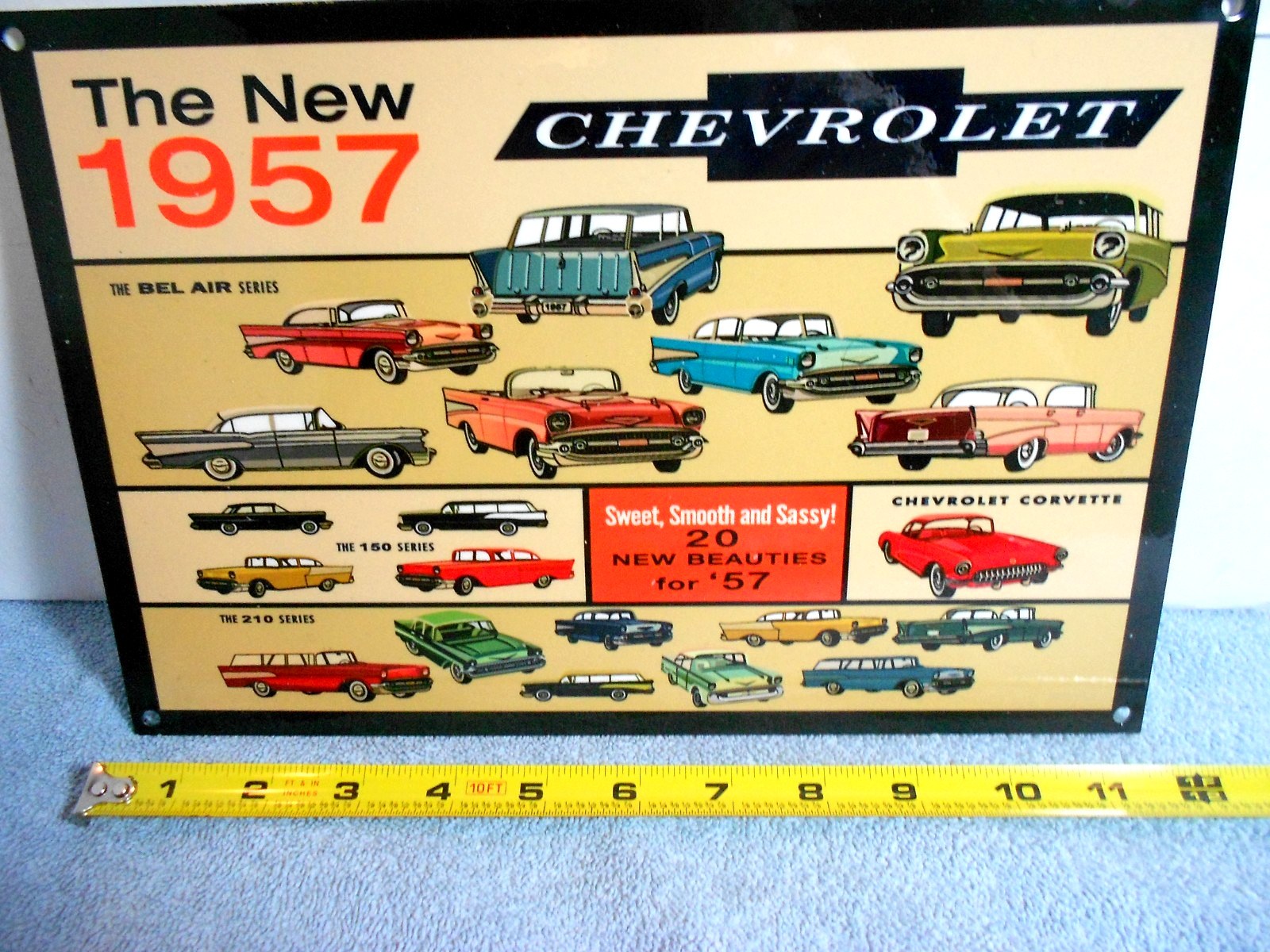 VINTAGE 12x8 in CHEVROLET NEW BEAUTIFUL 1957 CHEVY`S ADV SIGN HEAVY METAL -825 A