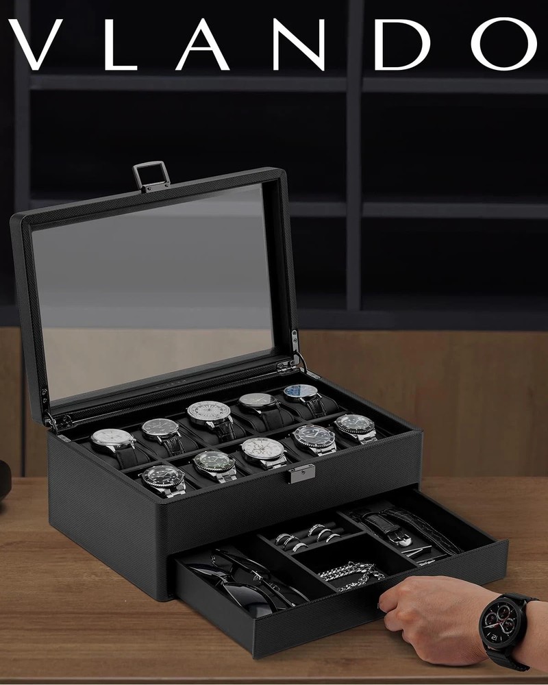 Watch Box 10 Slots, Lockable Watch Case with Textured Leather, 2 Layer Watch ...