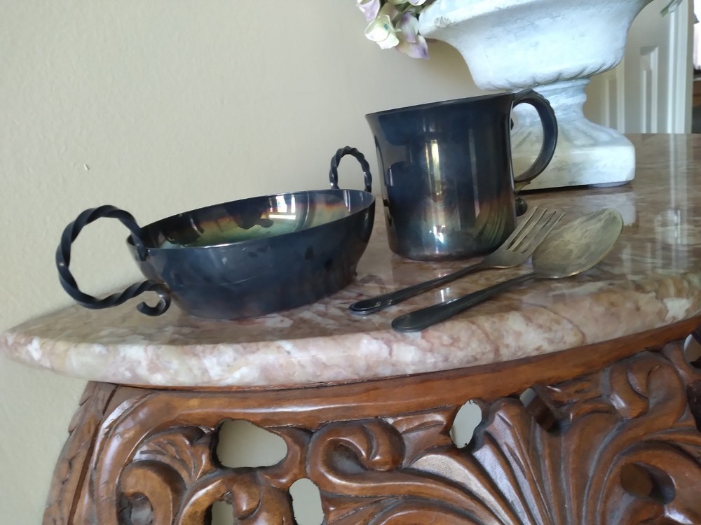 LUNT Silverplate Child's Handled Bowl, Cup, Spoon & Fork Set