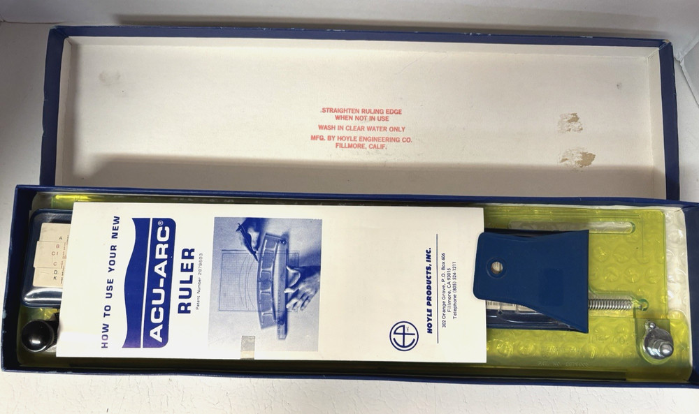 ACU-ARC Adjustable Radius Ruler with Slide Rule & Box Vintage