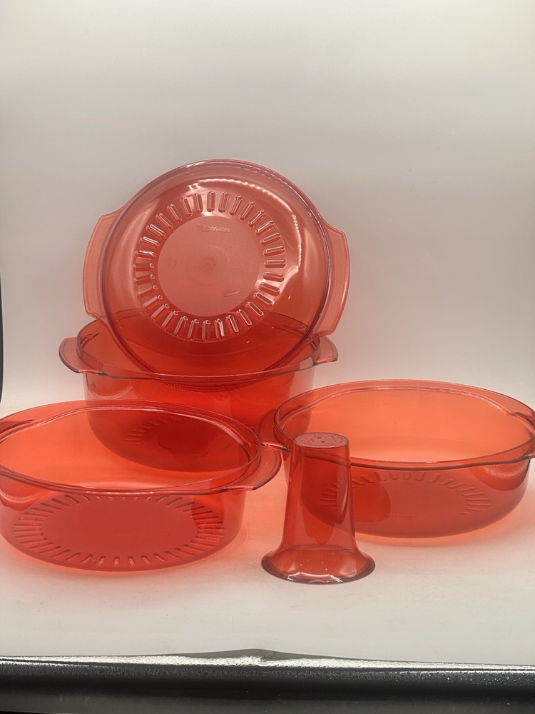 Tupperware Microwave Stack Cooker Steamer Transparent Cranberry Red 5 Piece Set