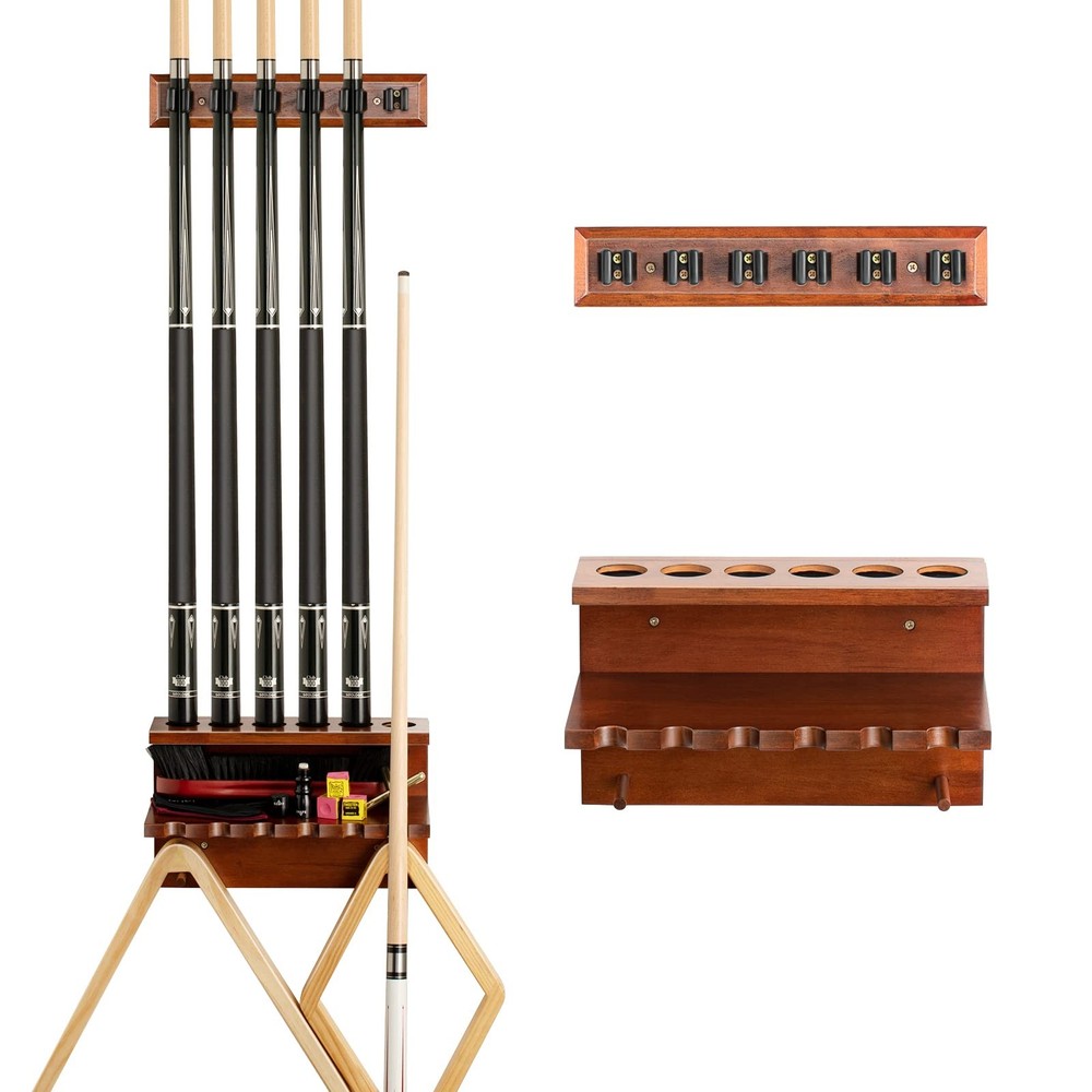 EXTCCT Wall Mount Pool Stick Holder - Billiards Cue Rack 6, Brown