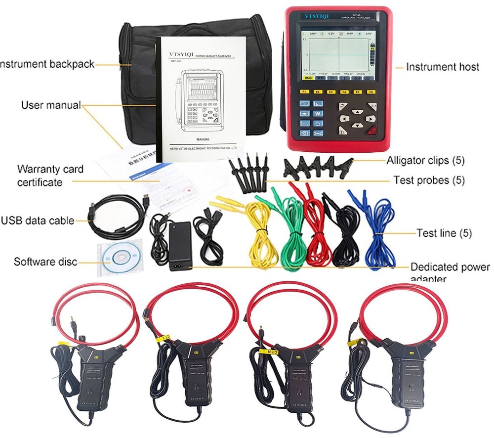 Power Quality Analyzer Meter with 10A ~ 6000A 4 PCS Flexible Coil Current Sensor