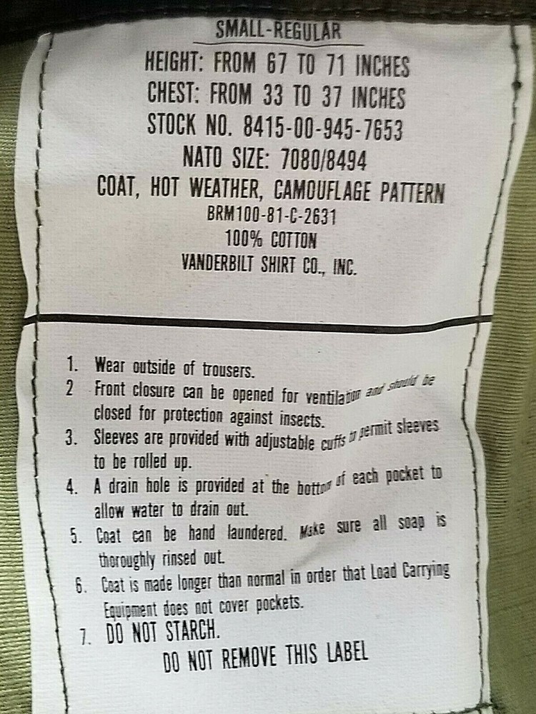 USGI BDU Jacket ERDL Pattern from 1981 Size Small Regular NOS