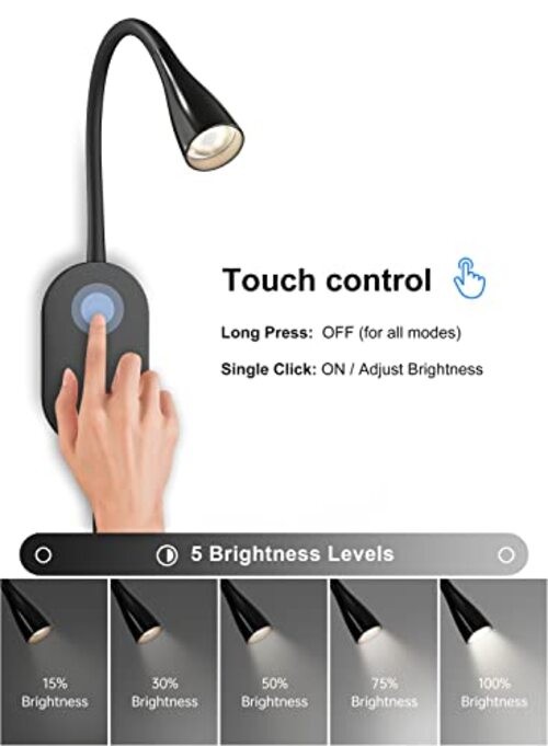LED Wall Mount Reading Light for Bed, Reading Lamp with USB Output 5 Black