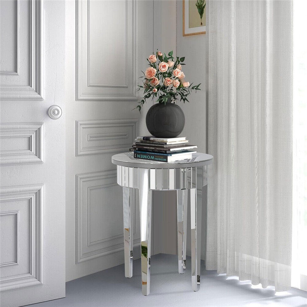 Round Venetian Mirrored Side Table Sofa Bedside Coffee Table Storage Wood Frame