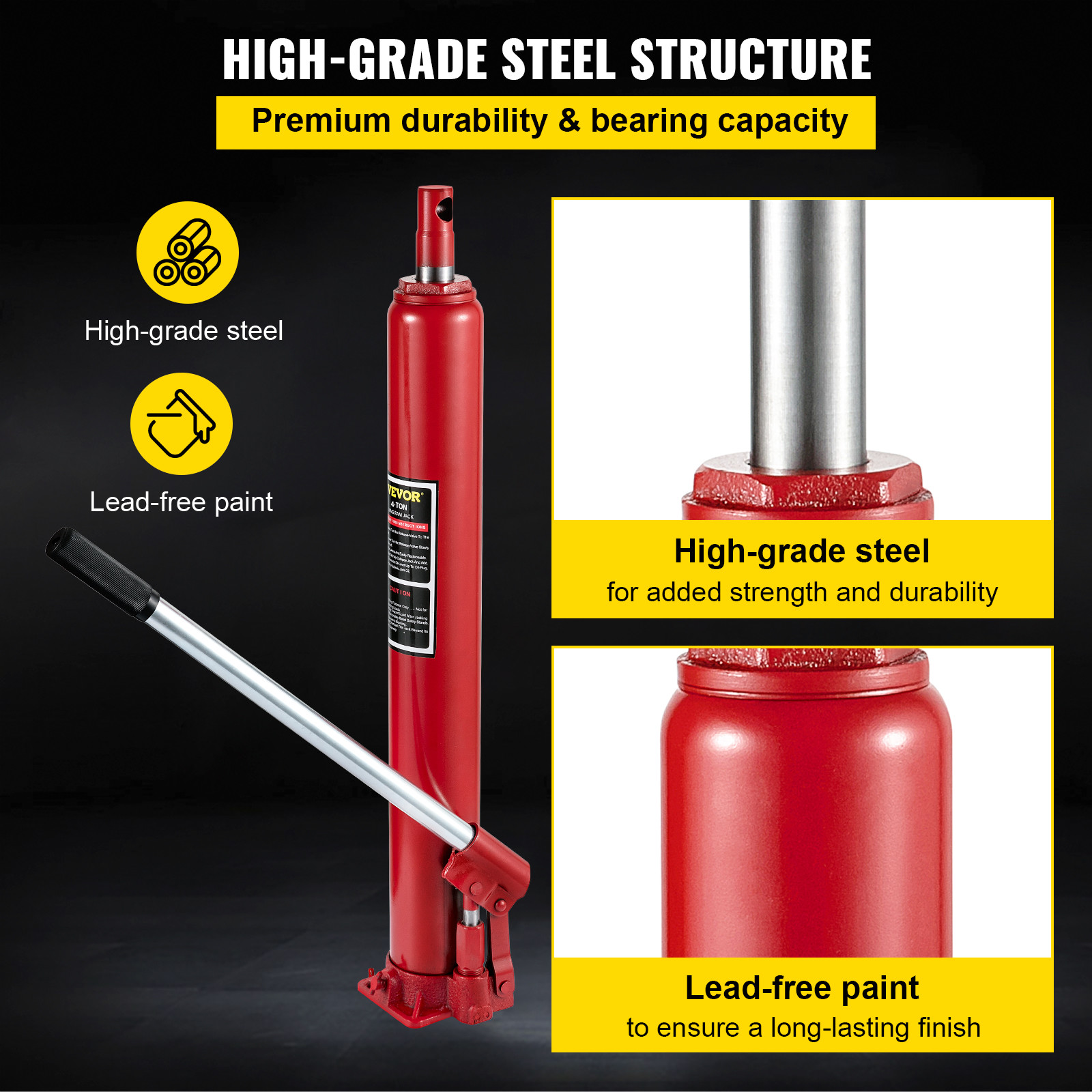 Red 4 Ton Hydraulic Long Ram Jack Flat Base Manual Engine Hoist Cherry Picker