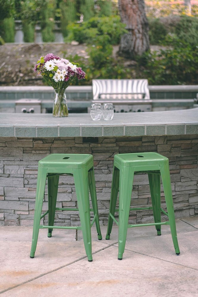 4Pcs Stackable Metal Bar Stools 24 Inch Height Barstools with Square Seat,Green