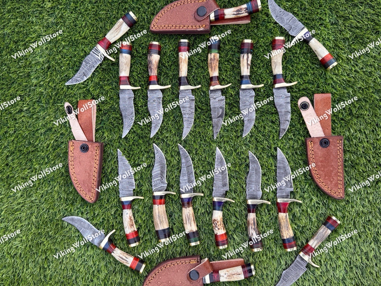 LOT OF 20PCS, 6'' INCH SKINNER KNIFE STAG HORN HANDLE HANDMADE DAMASCUS W/SHEATH