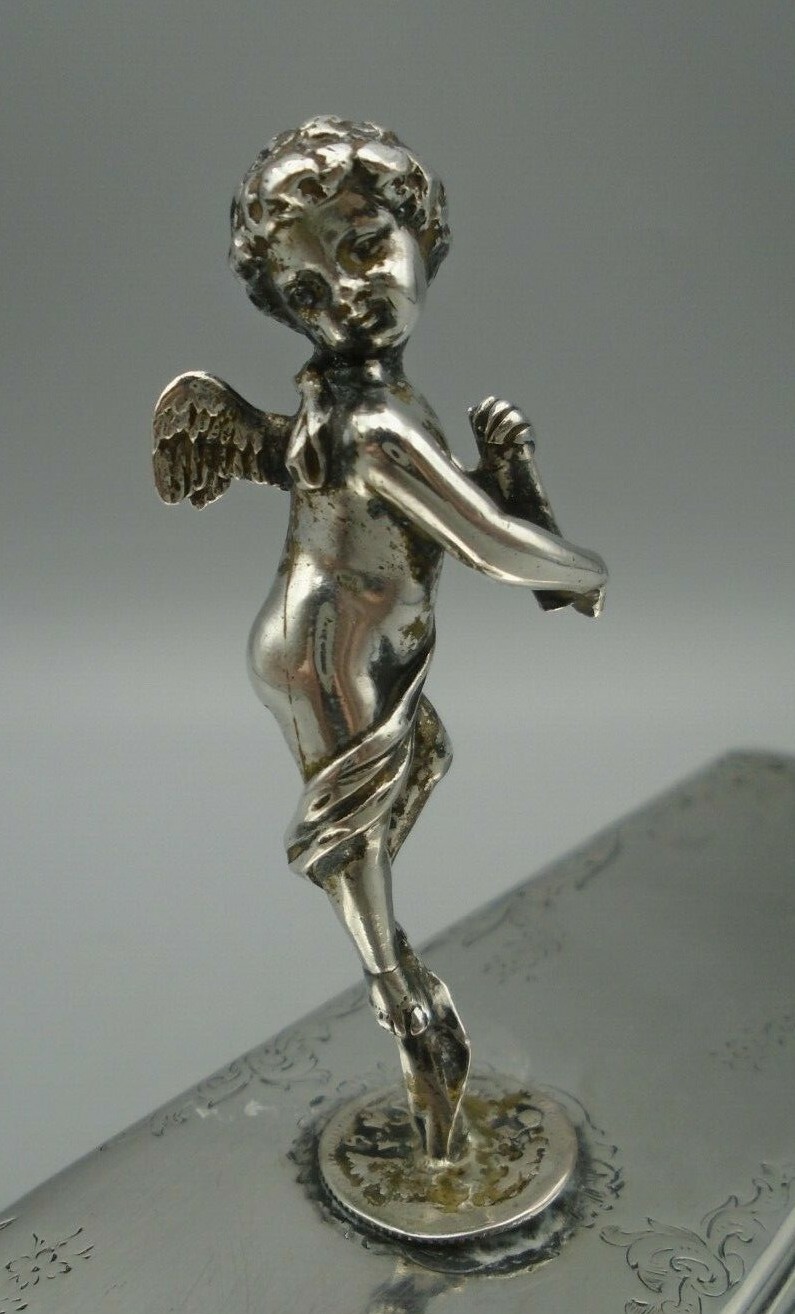 Antique 1840 Thomas Dicks Sterling Lid Cherub Handle Silver Plate Box London