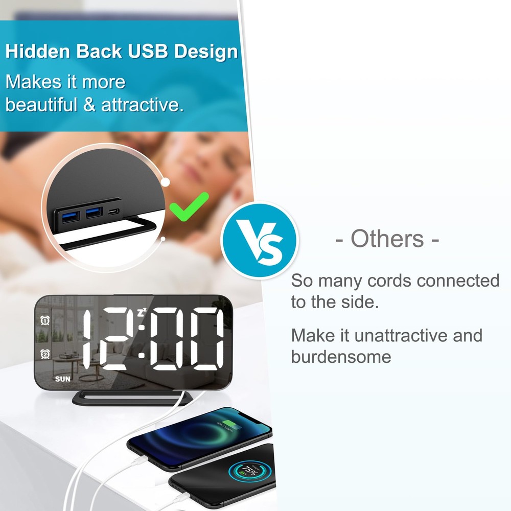 Slim LED Digital Alarm Clock, Mirror Surface for Makeup, with Diming, Large D...