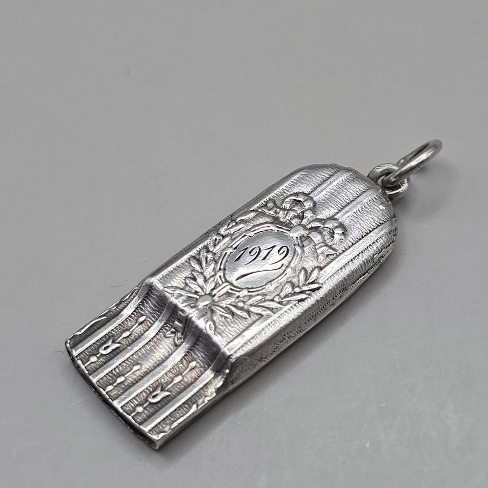 Antique Solid Silver Repousse Whistle Pendant Monogram Floral Design