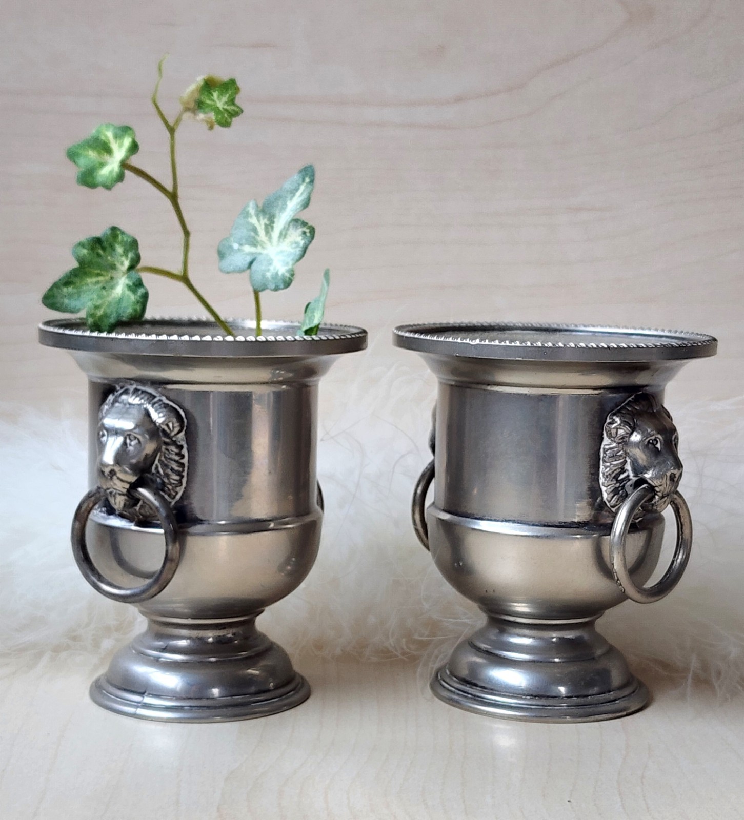 🌿 Pair Of Vintage EALES 1776 Lion's Head Metal Pot Silverplate 3" bucket Urns