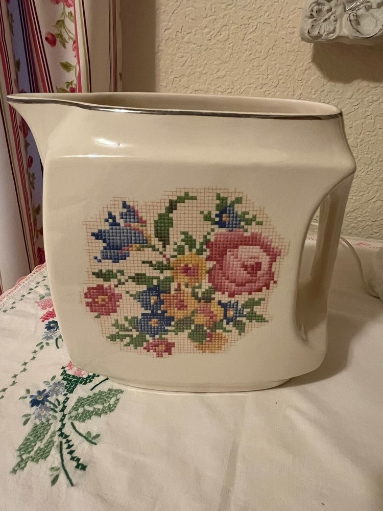 Vtg Harker Ivory Needlepoint Roses Print Rectangular Pitcher Lovely Please Read