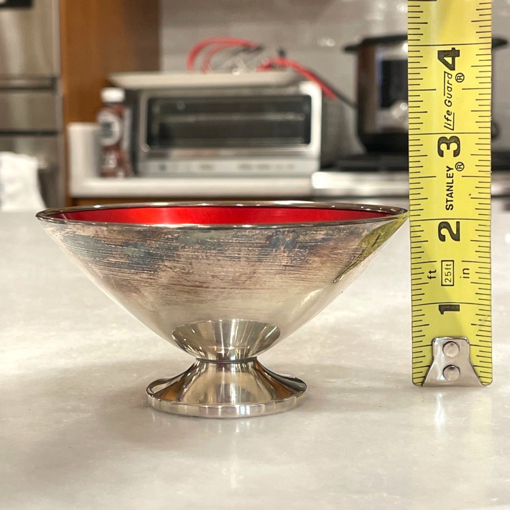 Vintage MCM Silver-Plated Red Enamel Bowl E. Dragsted Denmark Mid-Century Footed