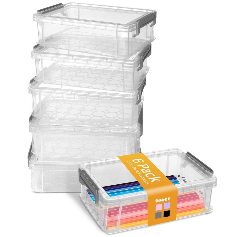 Sooez 6 Pack Extra Large Pencil Box, Plastic Case Crayon Large, Grey