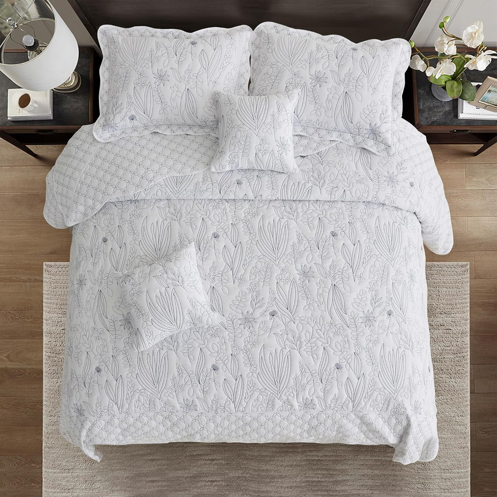 Botanical Oversized Bedspread King Size - Leaves Pattern Stitching Quilt Set - E