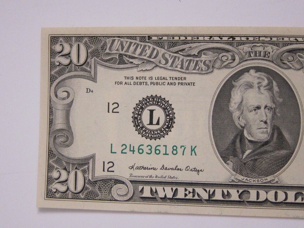 1985 $20 Printing Error on Back #L24636187K