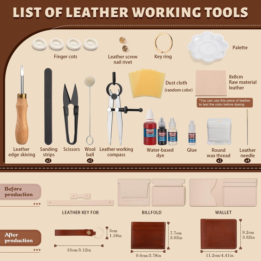 51-Piece Leather Working Kit: Craft Tools Set with Edge Beveler Vegetable Tan...
