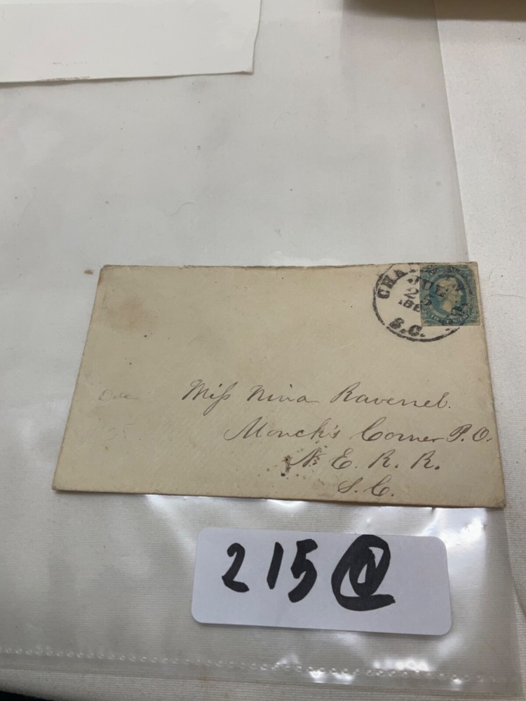 CIVIL WAR CSA STAMPED ENVELOPE POST MARKED CHARLESTON SC N. E. RAILROAD @215