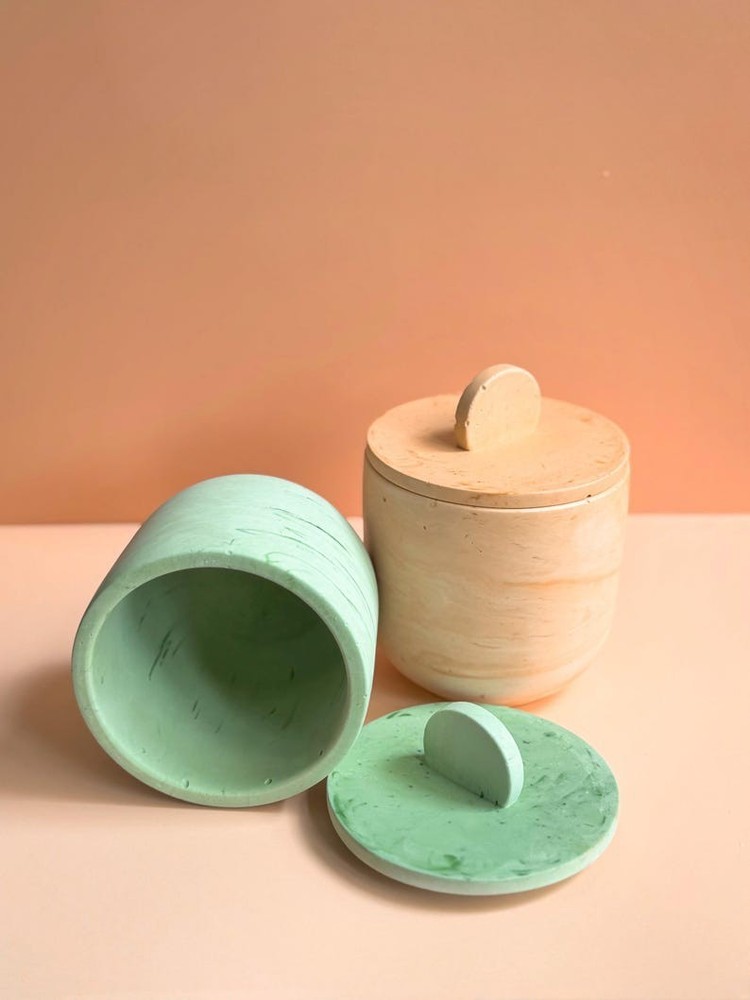 Handmade Concrete Candle Container 8 oz Rustic Vessel with Lid
