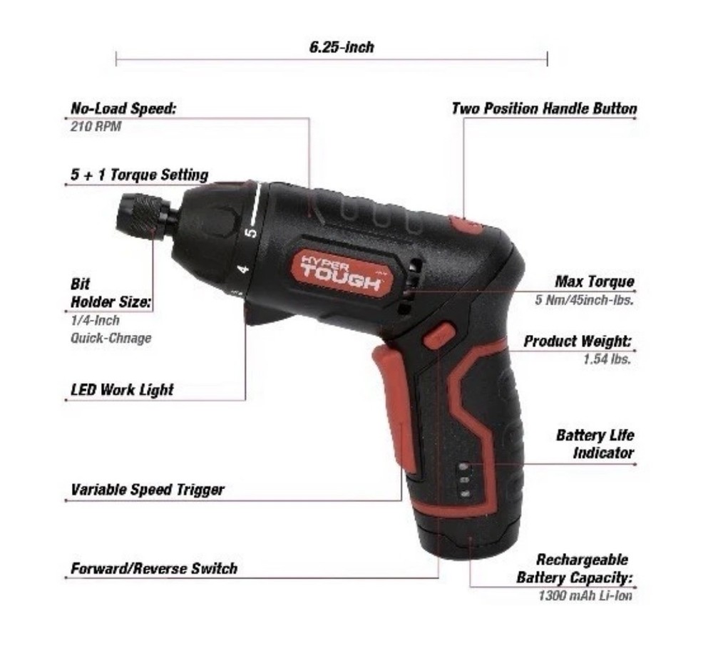 HYPER TOUGH 4V Rotating Head Cordless Screwdriver 2-Position Handle 6062