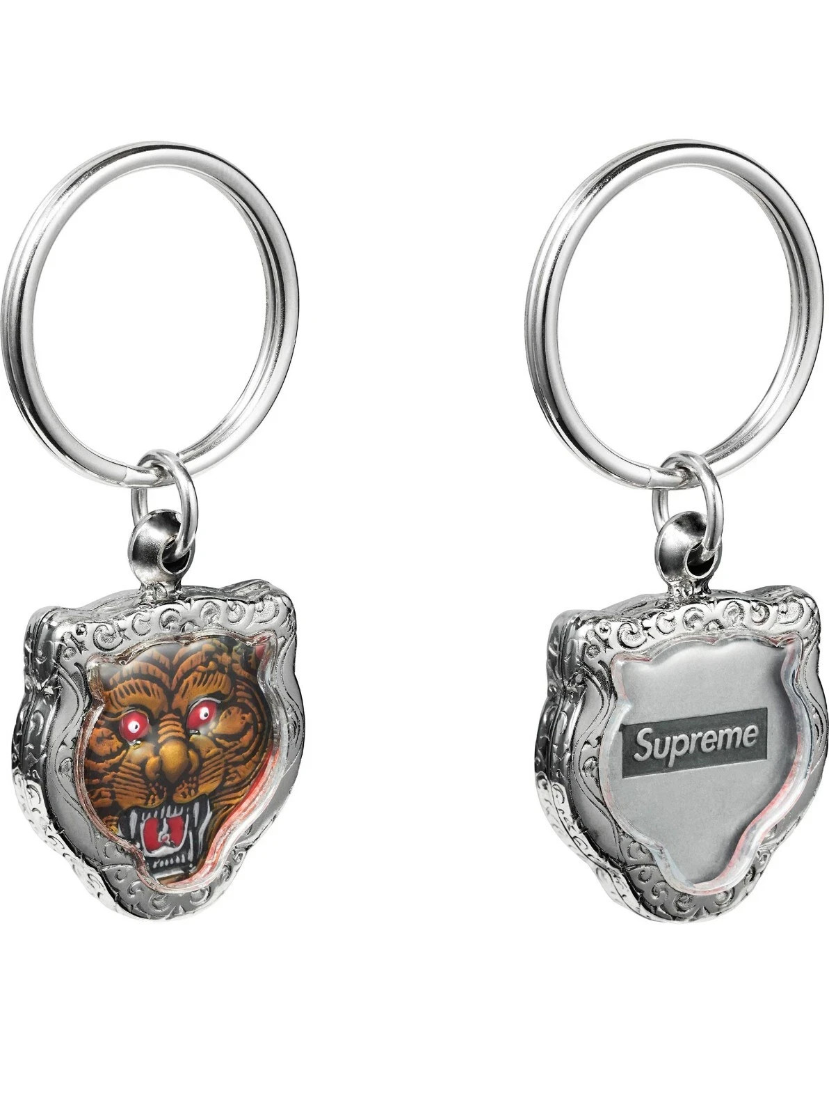 Supreme FW24 Tiger Keychain Metal Silver Logo Keyring Multicolor New IN HAND