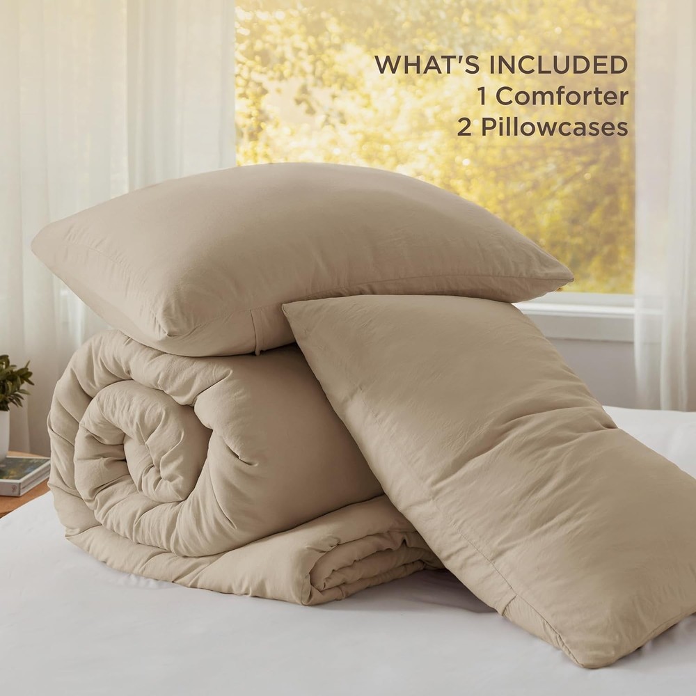 Bedsure Comforter Full 82"x86" Khaki Polyester Soft Cozy 3 pc set, 2 pillowcases